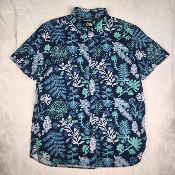 The‎ North Face Shirt Mens Large Blue Bay Trail Hawaiian Leaf Button Up Camp - Picture 1 of 12
